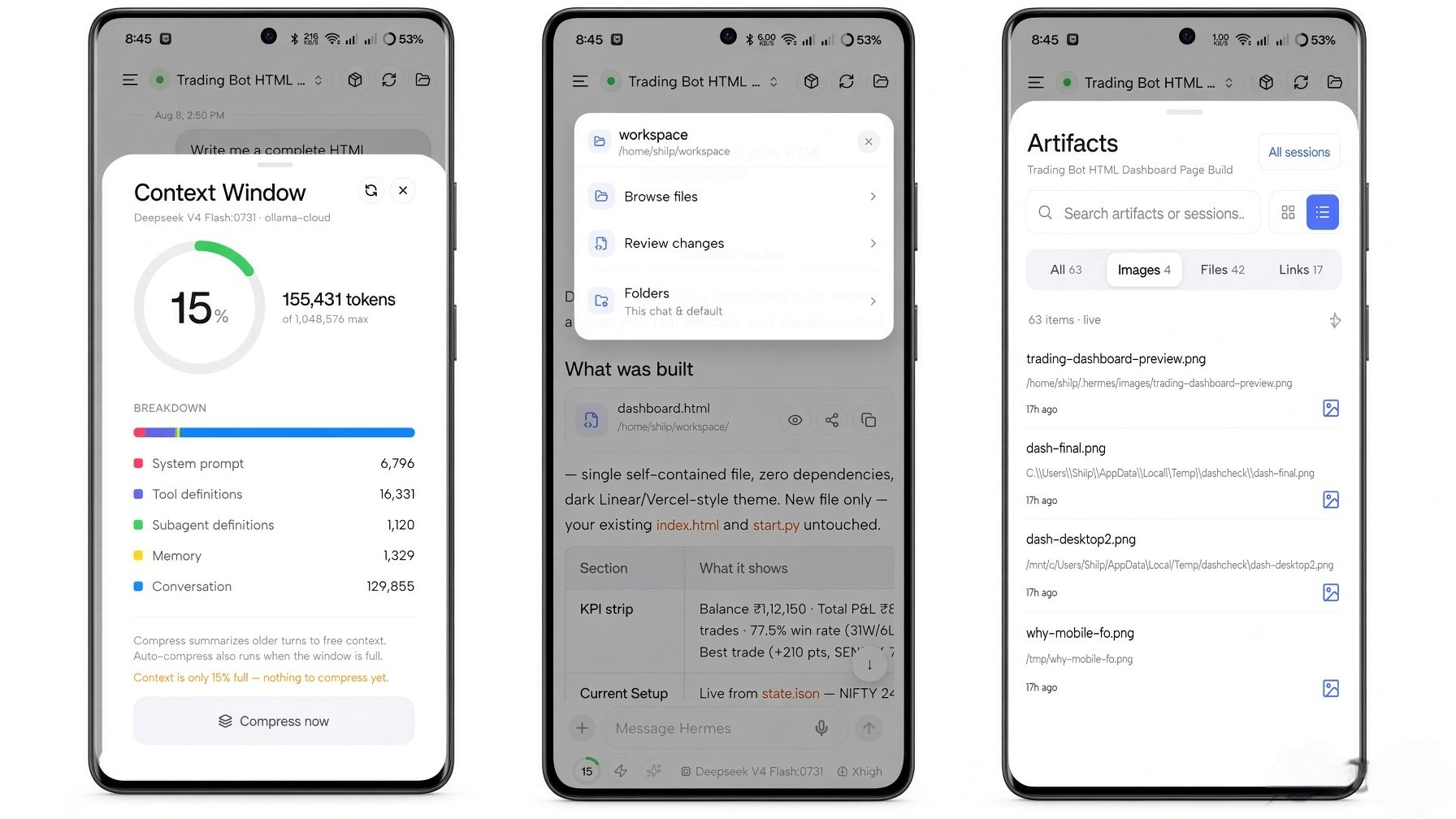 Context window workspace menu and artifacts browser