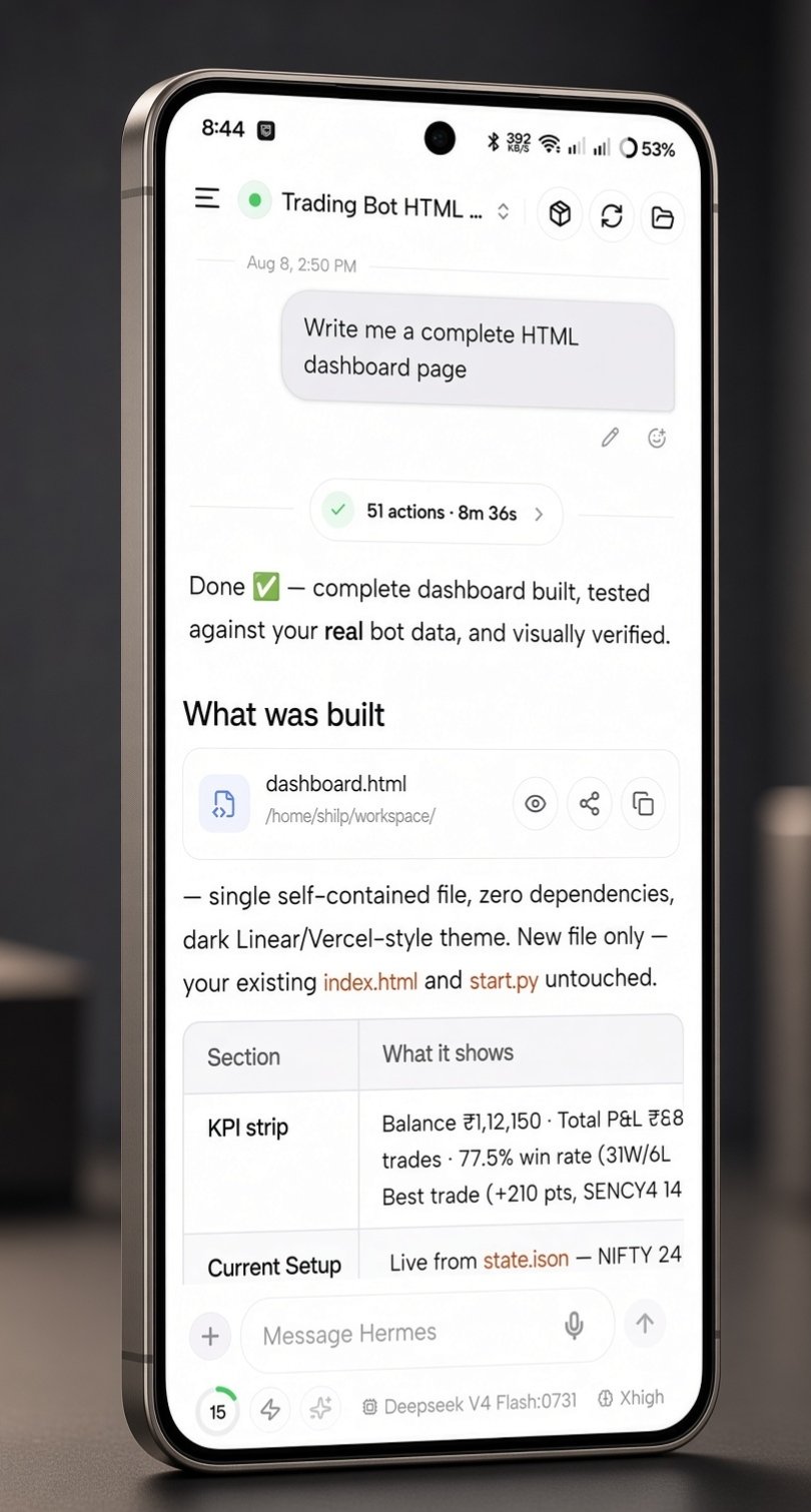 Hermes Go chat — live agent session with code block and tool timeline