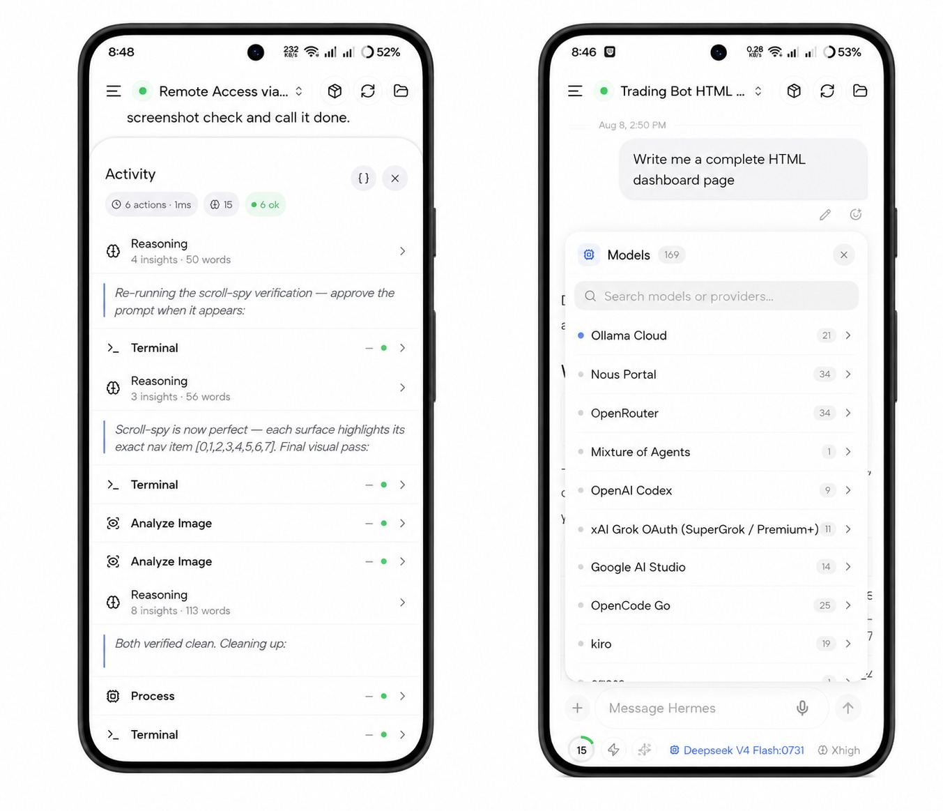 Activity panel and models picker sheet