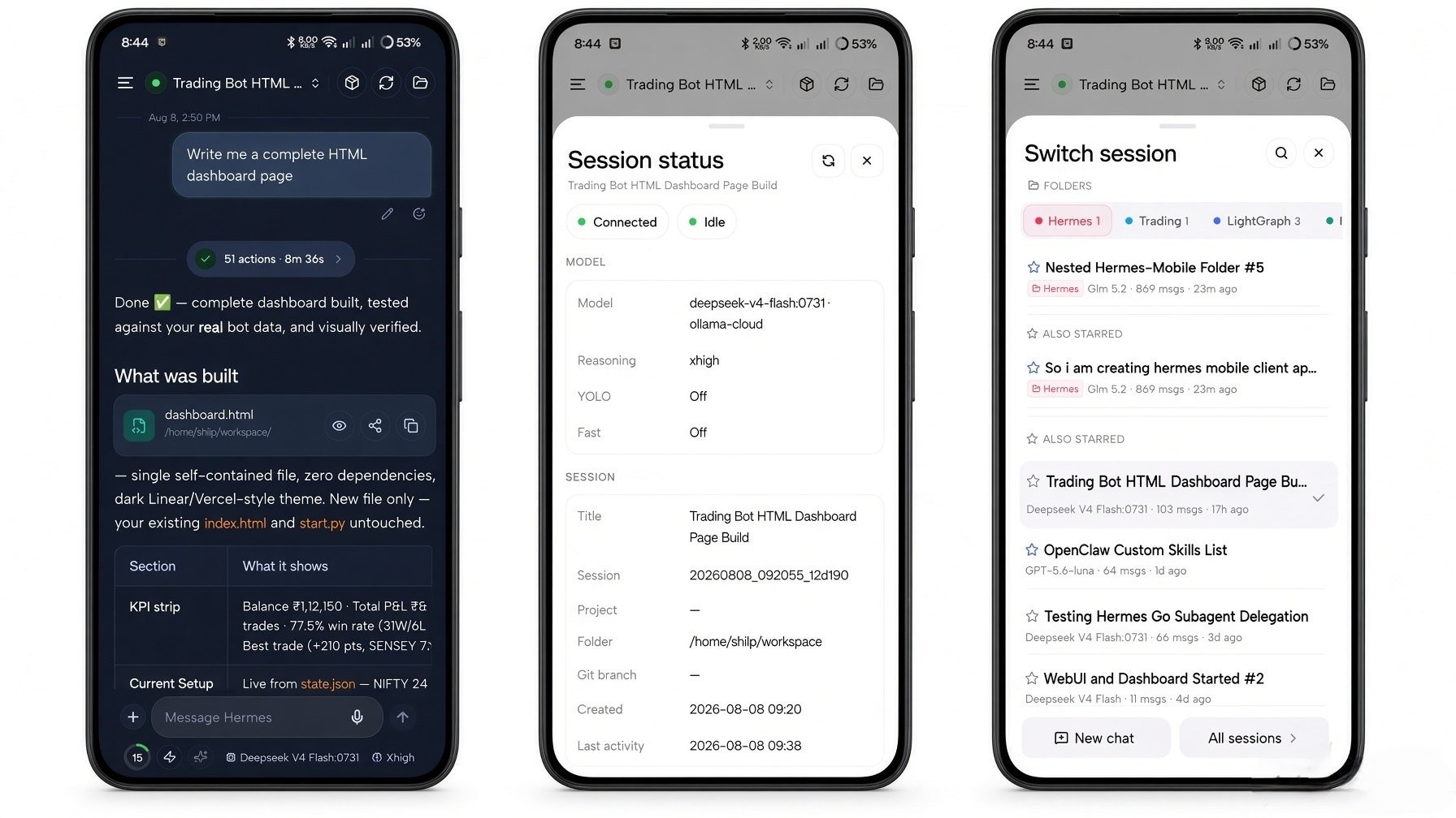 Session status sheet and switch session sheet