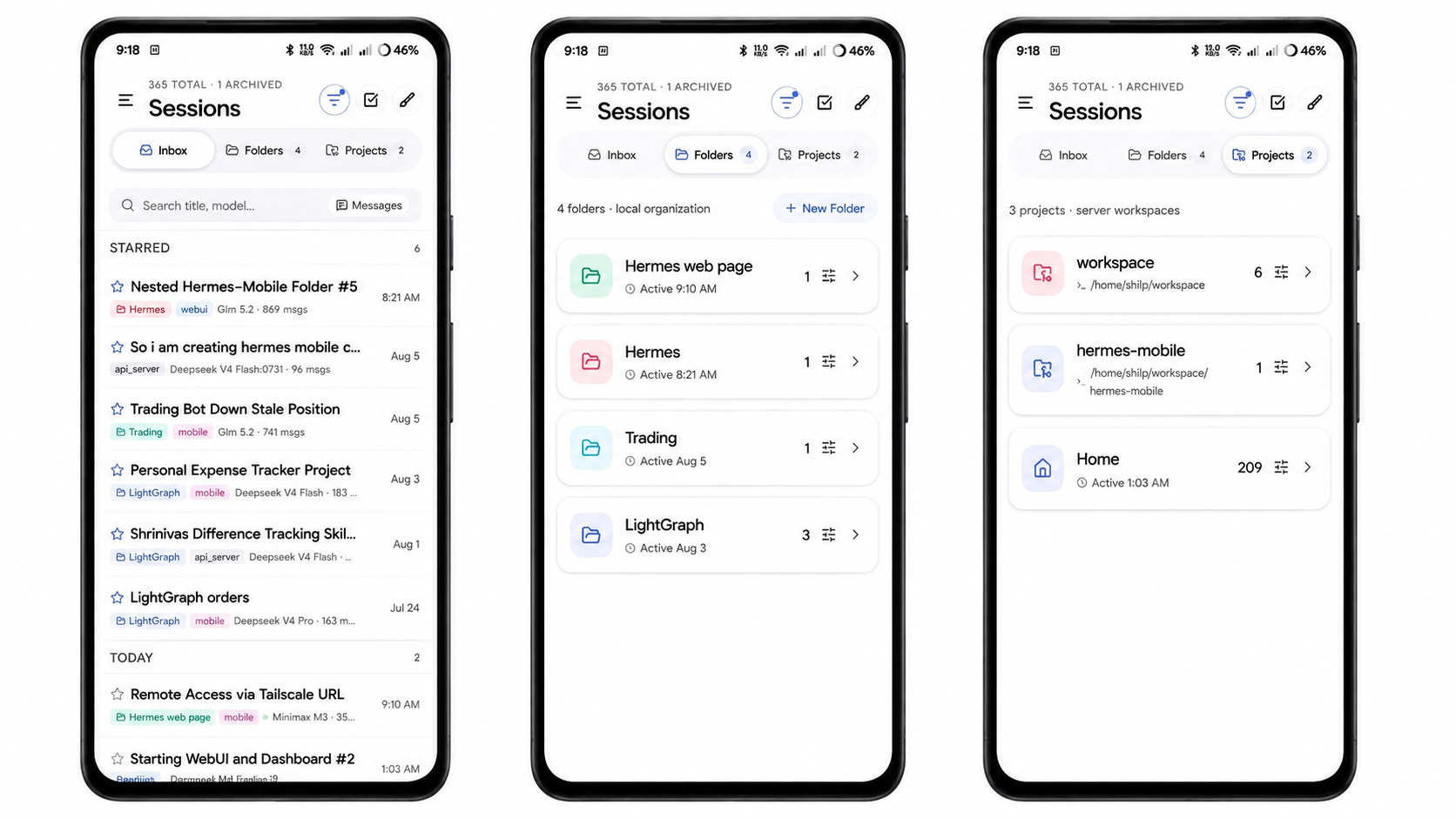 Sessions surface with inbox, folders and projects